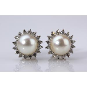 PAIR OF CULTURED PEARL AND DIAMOND EAR ... 