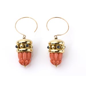 BLUE SAPPHIRE CORAL GOLD EARRINGS; with a ... 