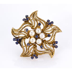 PEARL AND SAPPHIRE GOLD  BROOCH; star motif ... 