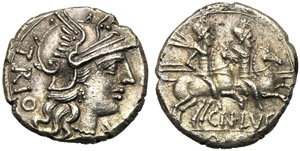 Cn. Lucretius Trio, Denario, Roma, 136 a.C.; ... 
