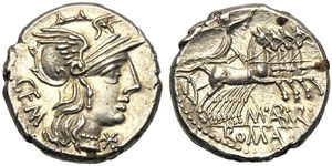 M. Aburius M.f. Geminus, Denario, Roma, 132 ... 