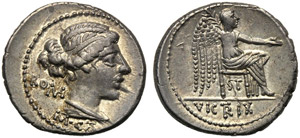 M. Porcius Cato, Denario, Roma, 89 a.C.; AR ... 