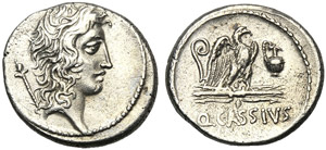 Q. Cassius Longinus, Denario, Roma, 55 a.C.; ... 