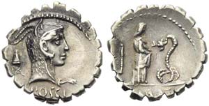 L. Roscius Fabatus, Denarius serratus, Rome, ... 