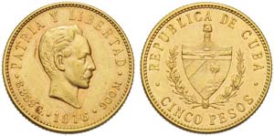 Cuba, Republic, 5 Pesos, 1916; AV (g 8,38; ... 