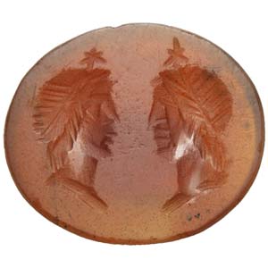Roman carnelian intaglio with  two heads of ... 