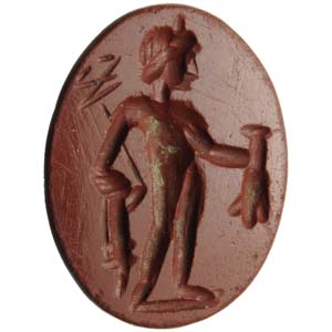 Roman intaglio of Mercurio on red jasper. ... 