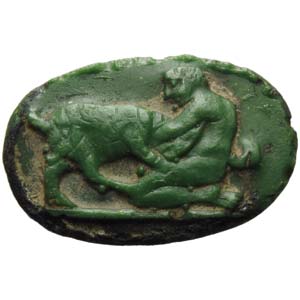 Green glass cast. Faun fighting with a goat ... 