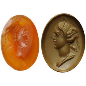 Carnelian intaglio. Young woman bust. 19th ... 