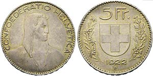 SVIZZERA - Confederazione - 5 Franchi - 1922 ... 