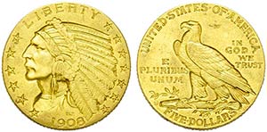 U.S.A. -  - 5 Dollari - 1908 - Indiano   - ... 
