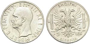 Albania - 5 Lek - 1939 XVII   - AG Pag. 992; ... 