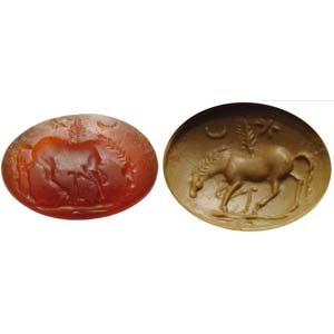 Rare Roman intaglio in carnelian. Horse with ... 