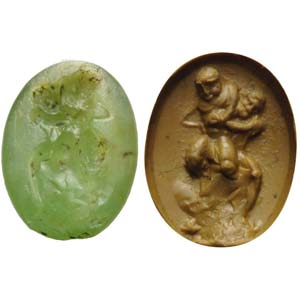 Rare Roman intaglio in green chalcedony. Two ... 
