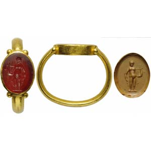 Roman intaglio in carnelian set on a golden ... 