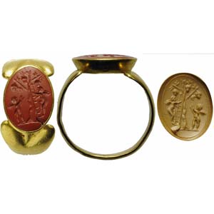 Roman intaglio in red jasper set on golden ... 