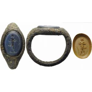 Roman intaglio in nicolo set on bronze ring. ... 