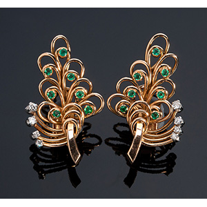 Pair of large retro 18K gold emerald and ... 
