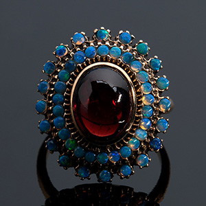 9K Victorian style garnet and opals ring, ... 