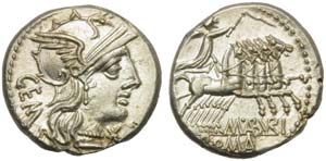 M. Aburius M.f. Geminus, Denarius, Rome, 132 ... 