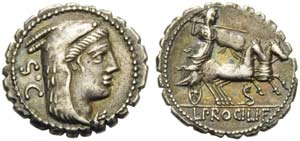 L. Procilius f., Denarius serratus, Rome, 80 ... 