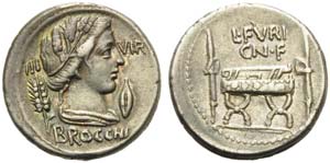 L. Furius Cn.f. Brocchus, Denarius, Rome, 63 ... 
