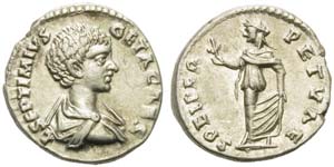 Geta, as Caesar, Denarius struck under ... 