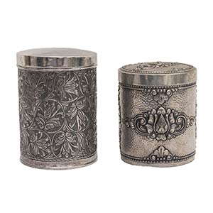 TWO INDONESIAN REPOUSSÉ SILVER CILINDRICAL ... 