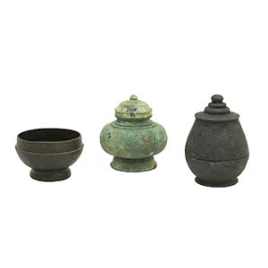 THREE INDONESIAN BRONZE CONTAINERS, TWO WITH ... 