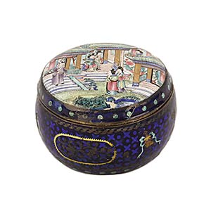 A 20TH CENTURY ENAMELLED CIRCULAR BOX AND ... 