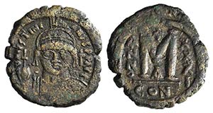 Justinian I (527-565). Æ 40 Nummi (31mm, ... 