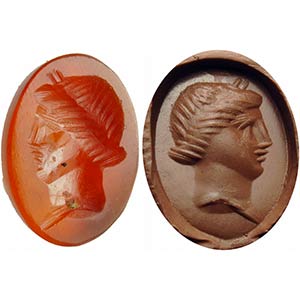 Roman carnelian intaglio. Female bust, in ... 