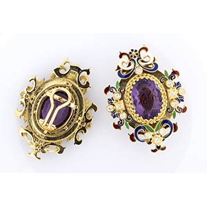 PAIR OF GOLD, AMETHYST AND ENAMEL ... 