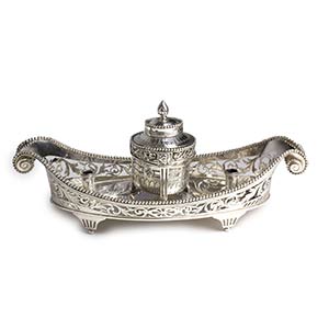 A BEAUTIFUL SOLID 950% SILVER BOAT INKWELL - ... 