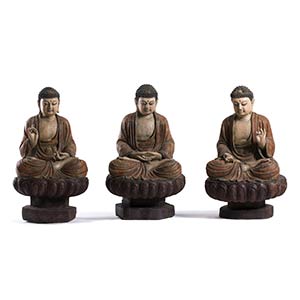 THREE PAINTED WOOD SCULPTURES OF BUDDHAMing ... 