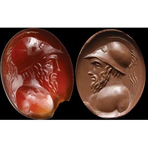 A deep red carnelian intaglio. Bust of a ... 