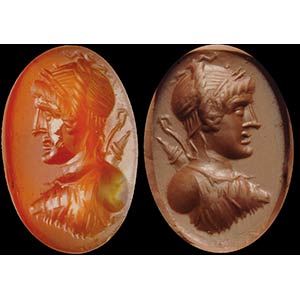 A roman carnelian intaglio. Bust of Artemis, ... 