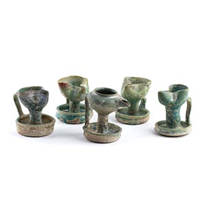 FIVE TURQUOISE-GLAZED HANDLED OIL ... 