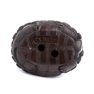 A WOOD NETSUKE OF A TURTLE AND TWO ... 