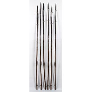 SIX IRON, WOOD AND COPPER SPEARS155 cm ... 