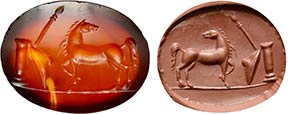 A carnelian intaglio. Horse with weapons. ... 