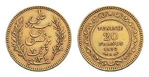 Tunisia, AV 20 Francs 1892, Paris (21mm, ... 