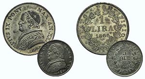 Papal, Pio IX, lot of 2 AR coins (1 Lira ... 