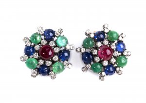 PAIR OF FLORAL MOTIF EMERALD, SAPPHIRE, RUBY ... 