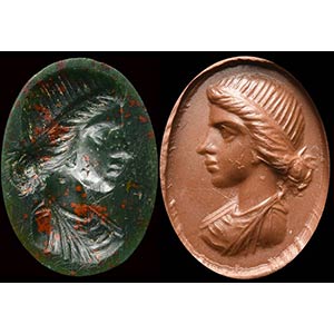 A roman heliotrope intaglio. Bust of a girl. ... 