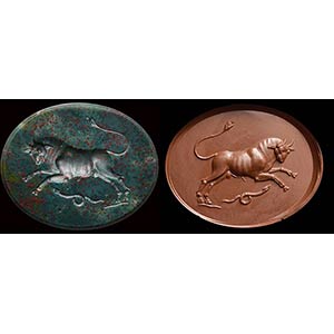 An attractive heliotrope intaglio. Bull with ... 