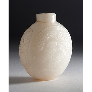 Carved white jade snuff bottle;
XX Century; ... 