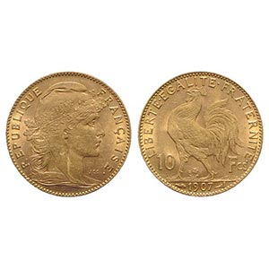 France. AV 10 Francs 1907 (19mm, 3.23g, 6h). ... 