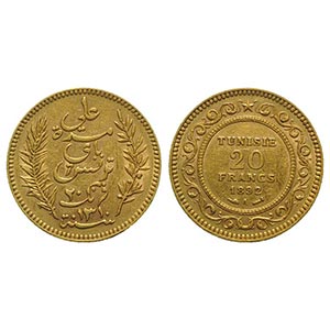 Tunisia, AV 20 Francs 1892, Paris (21mm, ... 
