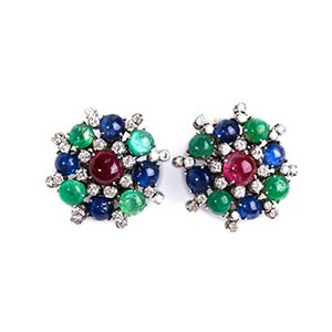 PAIR OF FLORAL MOTIF EMERALD, SAPPHIRE, RUBY ... 